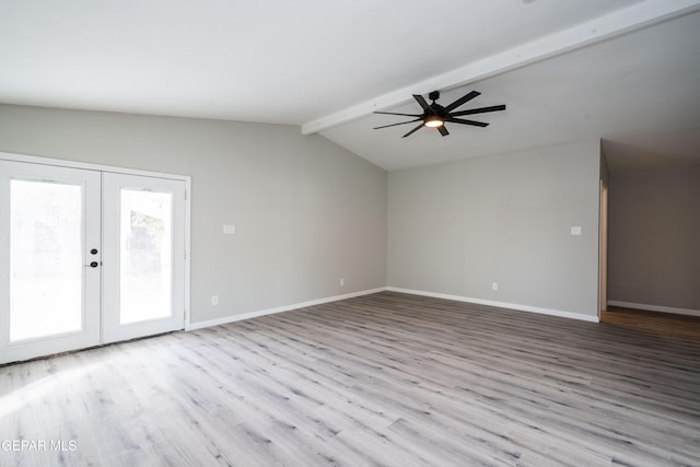 unfurnished room with lofted ceiling with beams, ceiling fan, light hardwood / wood-style flooring, and french doors