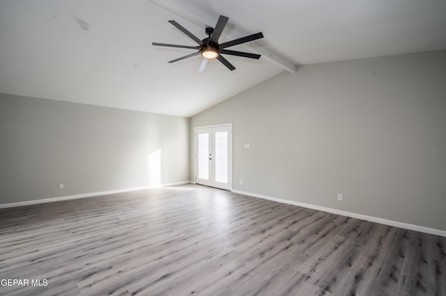 unfurnished room featuring lofted ceiling with beams, ceiling fan, light wood-type flooring, and french doors