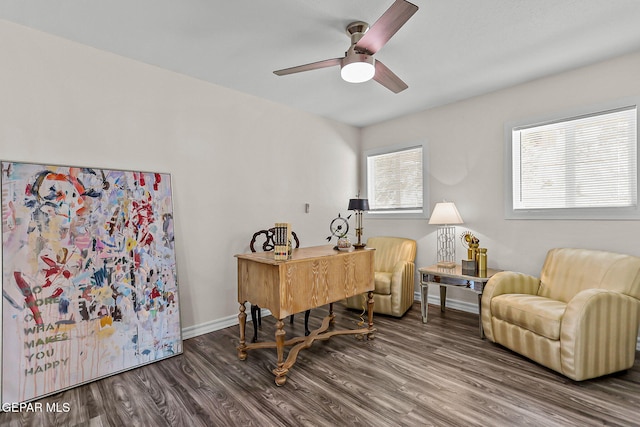 office space with hardwood / wood-style flooring and ceiling fan