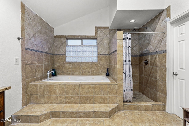 12196 Dos Rios Dr, El Paso, TX 79936 - bathroom with independent shower and bath and vaulted ceiling