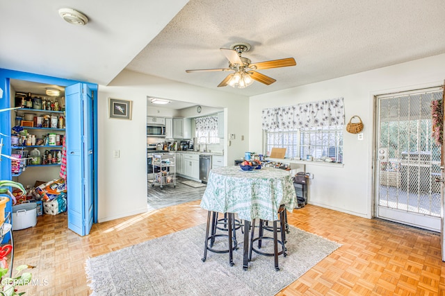 dining area with a wealth of natural light, ceiling fan, a textured ceiling, and light parquet flooring