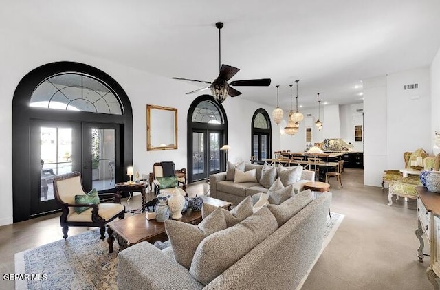 living room featuring ceiling fan