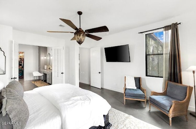 bedroom featuring ceiling fan and a closet