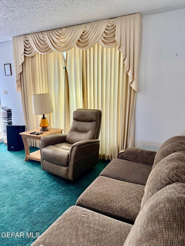 living room featuring carpet and a textured ceiling