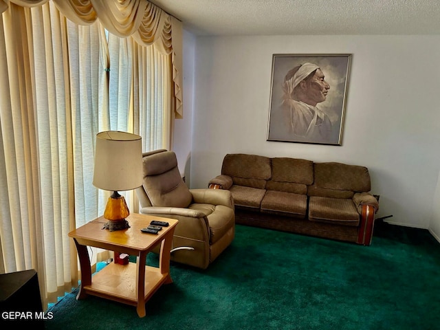 living room featuring dark colored carpet and a textured ceiling