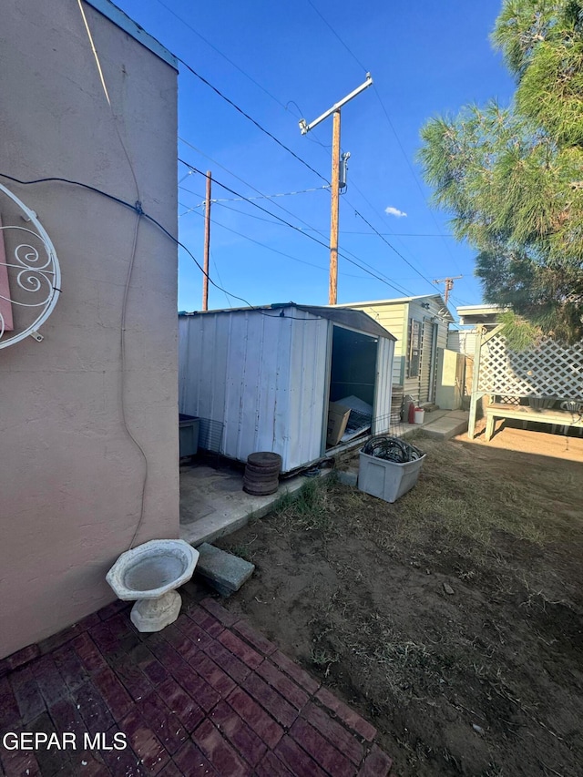 view of yard featuring a patio and a storage unit