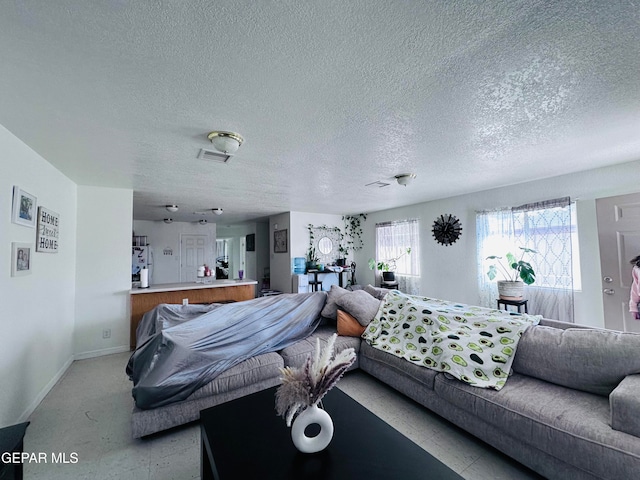 living room featuring a textured ceiling