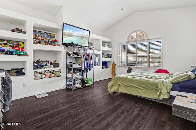 bedroom with wood-type flooring and lofted ceiling