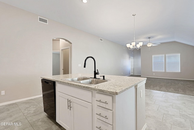 kitchen featuring a center island with sink, pendant lighting, sink, white cabinets, and dishwasher