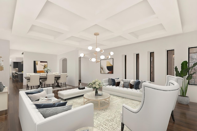 1609 Camino Alto Rd, El Paso, TX 79902 - living room featuring coffered ceiling, dark wood-style floors, a chandelier, beamed ceiling, and arched walkways