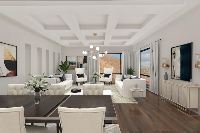 dining room featuring dark hardwood / wood-style floors, beam ceiling, a chandelier, and coffered ceiling