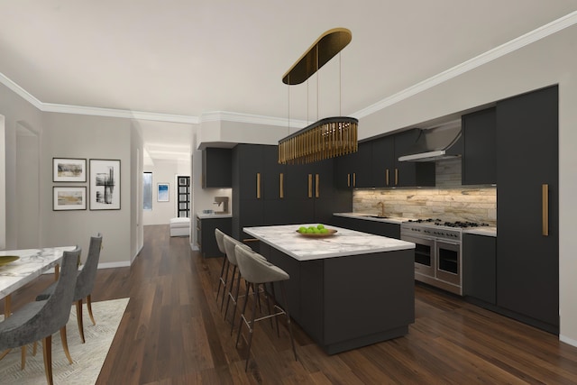 kitchen featuring tasteful backsplash, a kitchen island, decorative light fixtures, dark hardwood / wood-style flooring, and range with two ovens