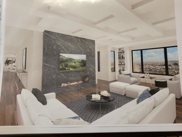 living room with beam ceiling, dark hardwood / wood-style floors, and a high end fireplace