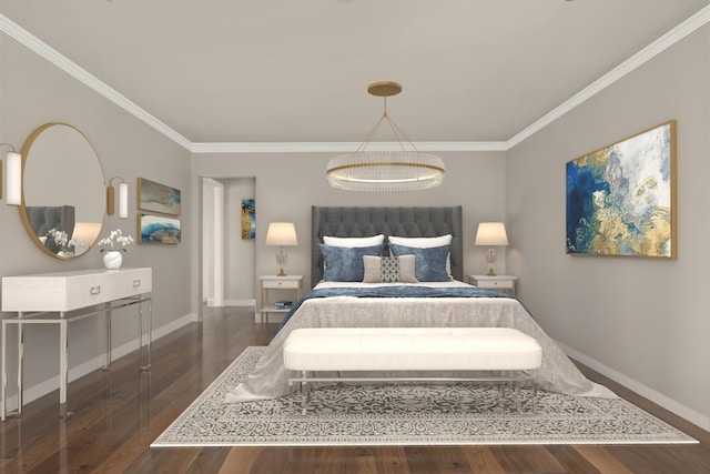 bedroom with ornamental molding and dark hardwood / wood-style flooring