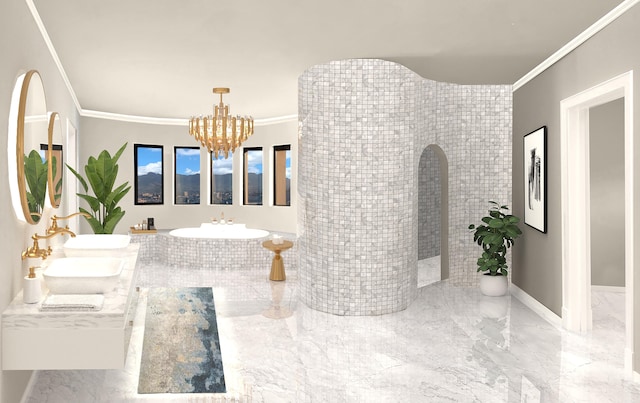 bathroom featuring double sink, a tub, a notable chandelier, and crown molding