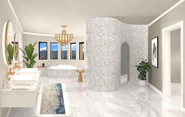 1609 Camino Alto Rd, El Paso, TX 79902 - bathroom with ornamental molding, a chandelier, a garden tub, and marble tiled flooring