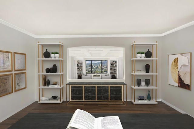 living room with dark hardwood / wood-style flooring and ornamental molding