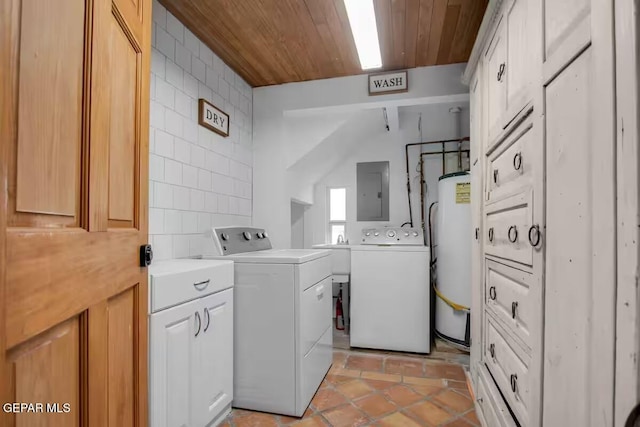 laundry room with washer and clothes dryer, wood ceiling, light tile patterned flooring, electric panel, and gas water heater