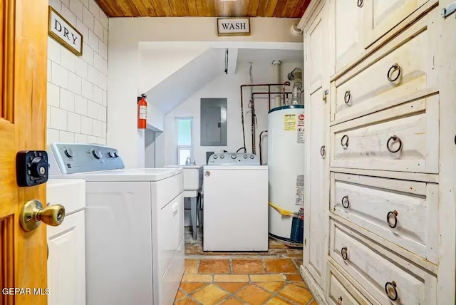 laundry room featuring electric panel, washer and clothes dryer, water heater, wood ceiling, and cabinets