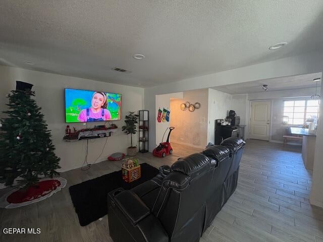 living room with a textured ceiling and light wood-type flooring