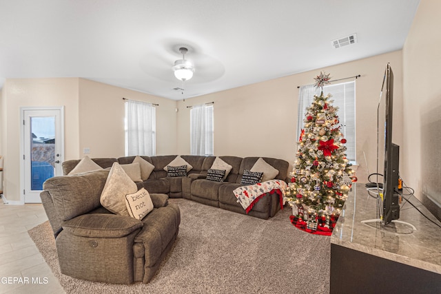 living room featuring ceiling fan