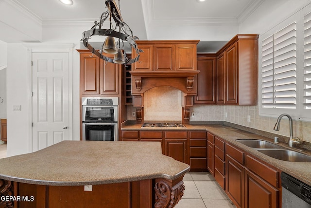 kitchen featuring crown molding, sink, light tile patterned floors, tasteful backsplash, and stainless steel appliances