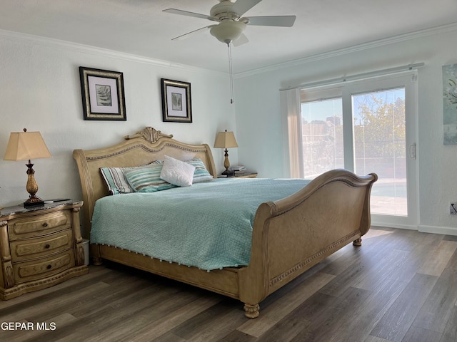 bedroom with crown molding, ceiling fan, dark hardwood / wood-style flooring, and access to outside