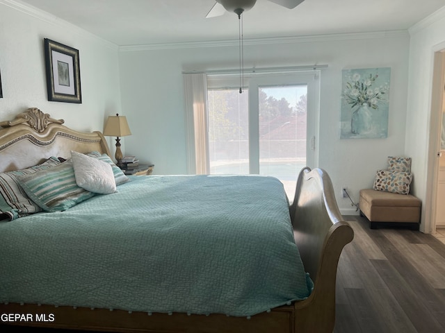 bedroom with dark hardwood / wood-style flooring, access to exterior, ornamental molding, and ceiling fan