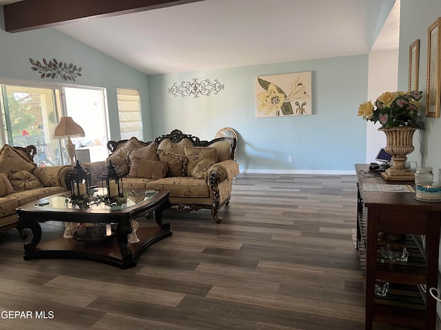 living room featuring dark hardwood / wood-style flooring and lofted ceiling with beams