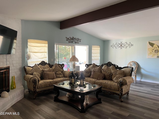 living room featuring a brick fireplace, dark wood-type flooring, and lofted ceiling with beams