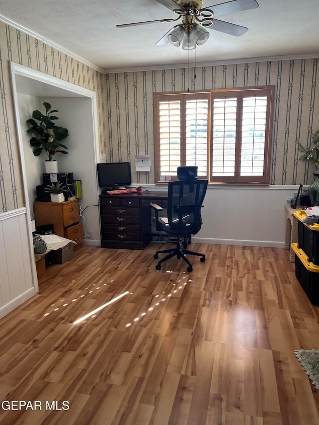 office area with ornamental molding, a healthy amount of sunlight, hardwood / wood-style floors, and ceiling fan