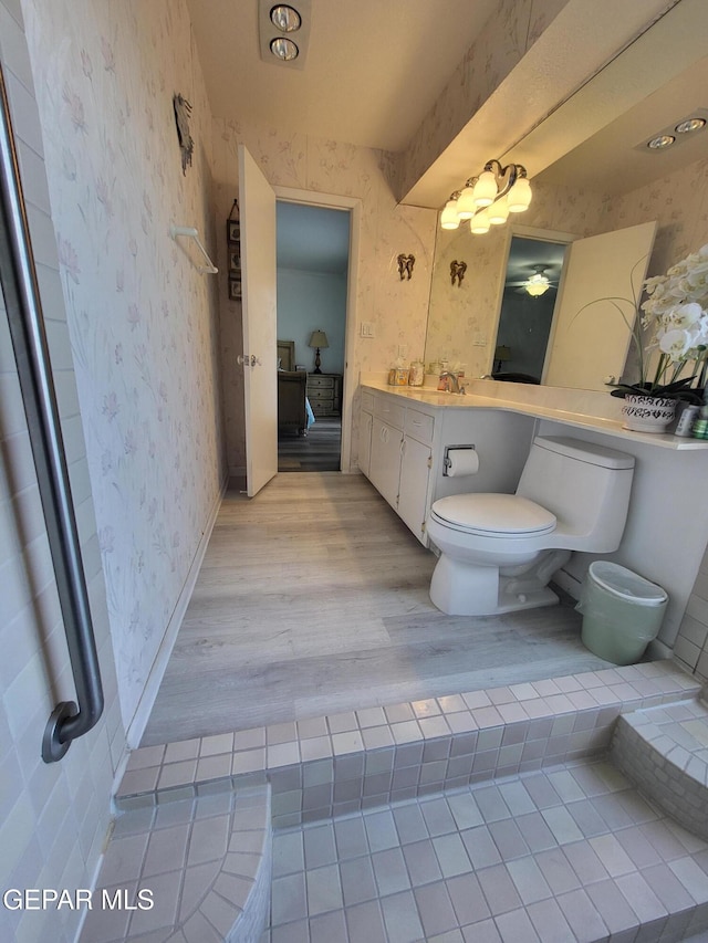 bathroom with vanity, wood-type flooring, and toilet