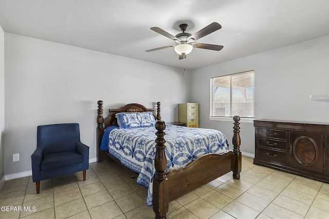 bedroom featuring ceiling fan and light tile patterned flooring