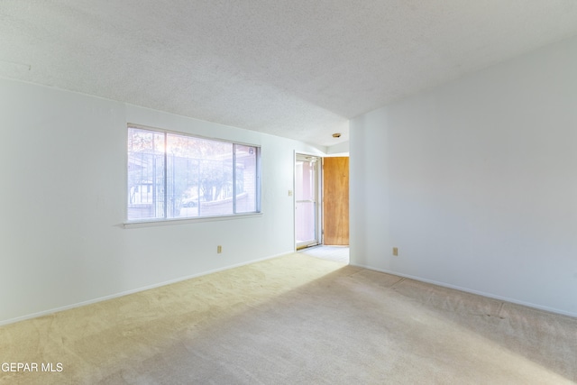 unfurnished room with a textured ceiling and light colored carpet