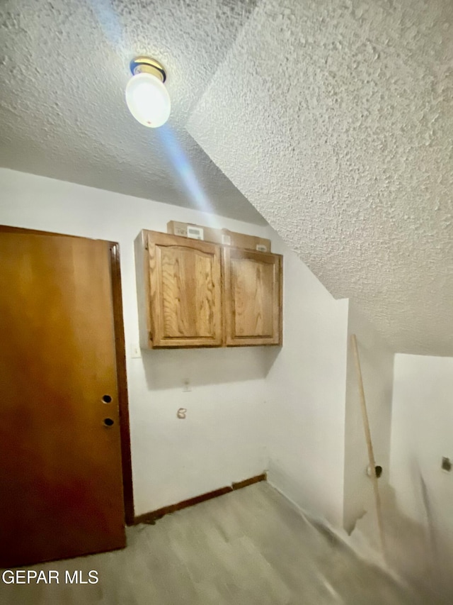 washroom featuring light colored carpet, vaulted ceiling, and a textured ceiling