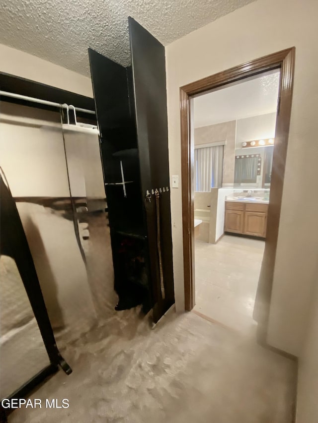 interior space featuring sink and a textured ceiling