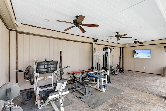 workout room with wooden walls