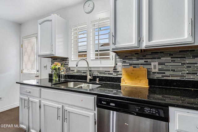 kitchen with white cabinets, tasteful backsplash, stainless steel dishwasher, and sink