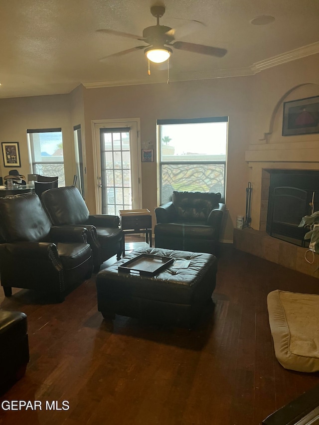 living room with ceiling fan, ornamental molding, and dark wood-type flooring