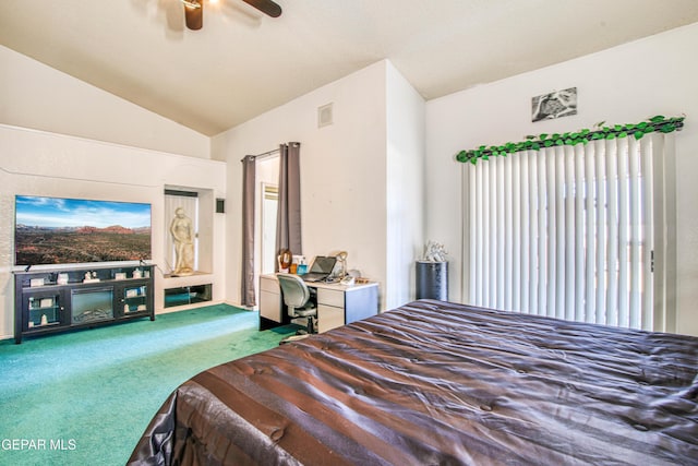 bedroom featuring ceiling fan, carpet floors, and lofted ceiling