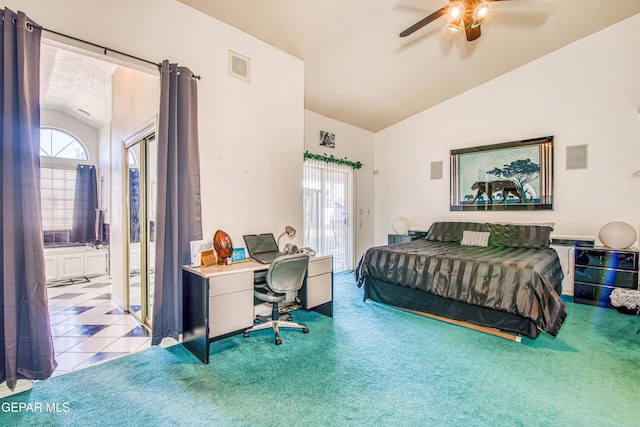 carpeted bedroom with ceiling fan and lofted ceiling