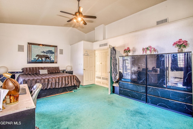 bedroom featuring lofted ceiling, carpet floors, ceiling fan, and access to exterior