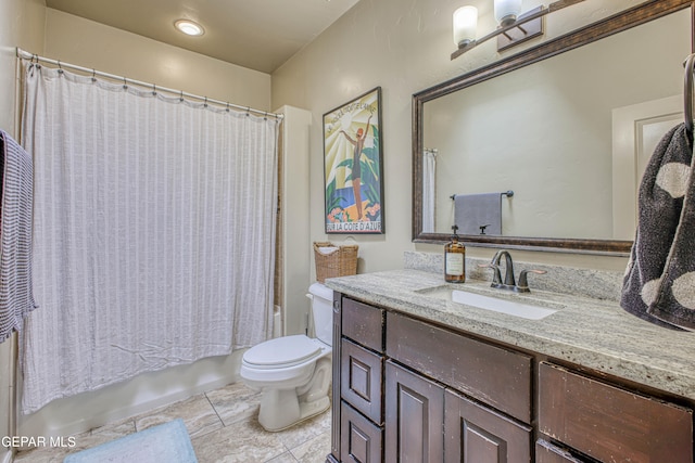 full bathroom featuring tile patterned flooring, vanity, shower / bath combination with curtain, and toilet