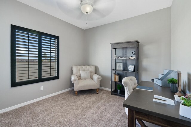 home office with carpet and ceiling fan