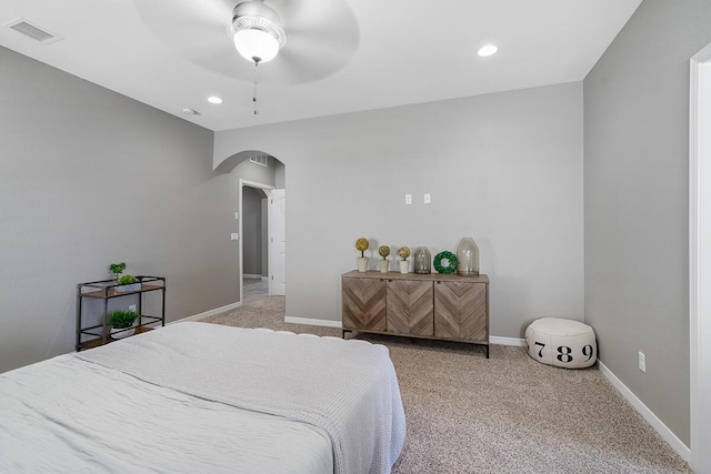 208 Playa Vista St, Horizon City, TX 79928 - bedroom featuring arched walkways, carpet, baseboards, recessed lighting, and ceiling fan