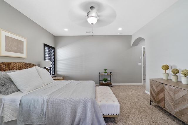 208 Playa Vista St, Horizon City, TX 79928 - carpeted bedroom with arched walkways, baseboards, recessed lighting, and ceiling fan