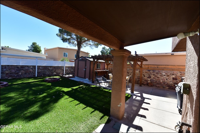 view of yard featuring a patio area, a shed, and a pergola