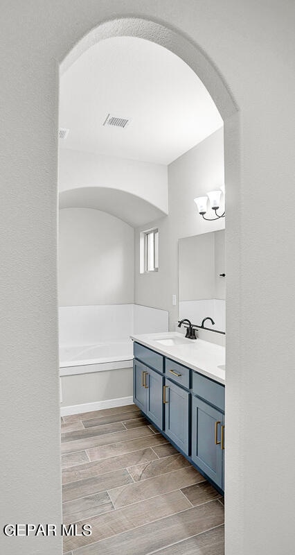 bathroom featuring a washtub, vanity, and wood-type flooring