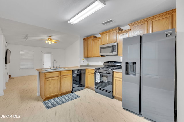 kitchen featuring ceiling fan, sink, kitchen peninsula, light brown cabinetry, and black appliances