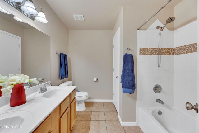 full bathroom featuring tile patterned floors, vanity, toilet, and tiled shower / bath combo